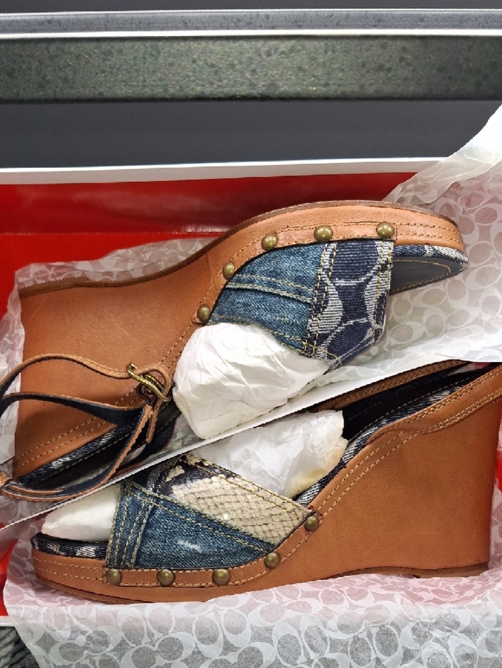 Vintage Coach Denim Patch Espadrille Wedges - Brown/Blue - Picture 17 of 17